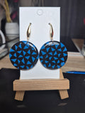 Manulua circle earrings, blue geometric pattern with gold-tone lever hooks.