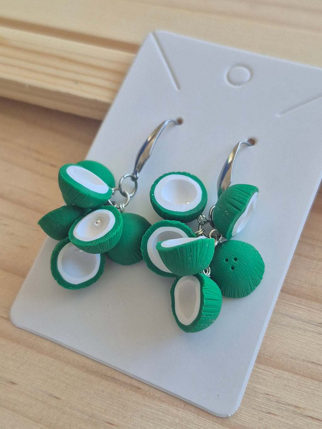 Green and white flower drop earrings with hoop hooks