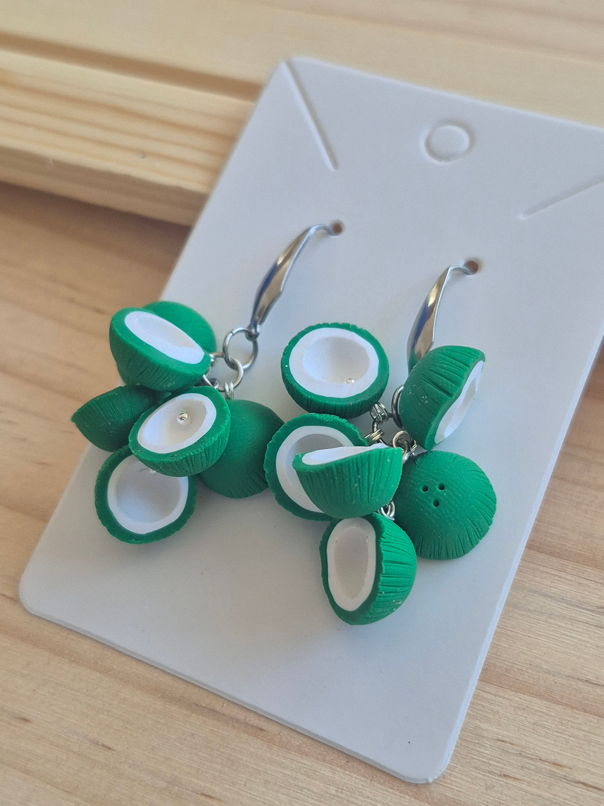 Green and white flower drop earrings with hoop hooks